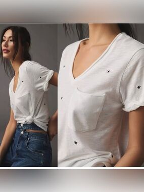 Anthropologie T.LA White V-Neck T-Shirt with Black Stars - NWT - Medium